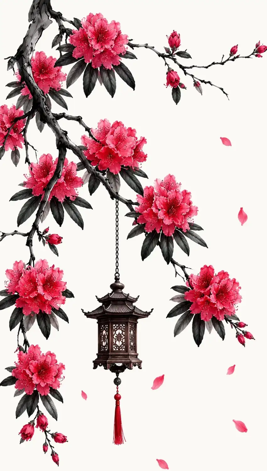 An ink-wash laligurans branch in full bloom with a carved wooden pagoda lantern hanging from it
