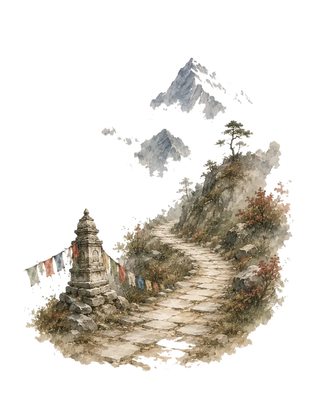 A watercolor of a stone Himalayan footpath winding past a small stupa and prayer flags toward a misty snow peak