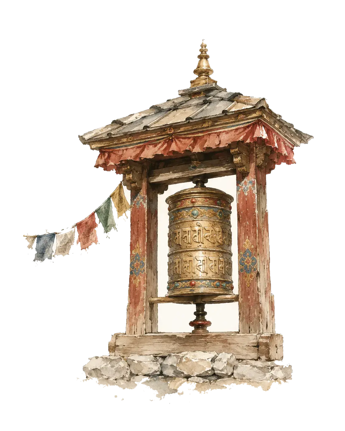 A watercolor of a brass Nepali prayer wheel in a carved wooden shrine, strung with weathered prayer flags