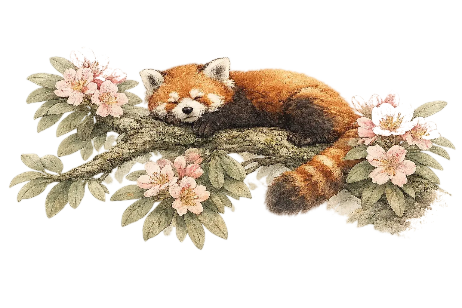 A watercolour of a red panda asleep on a rhododendron branch