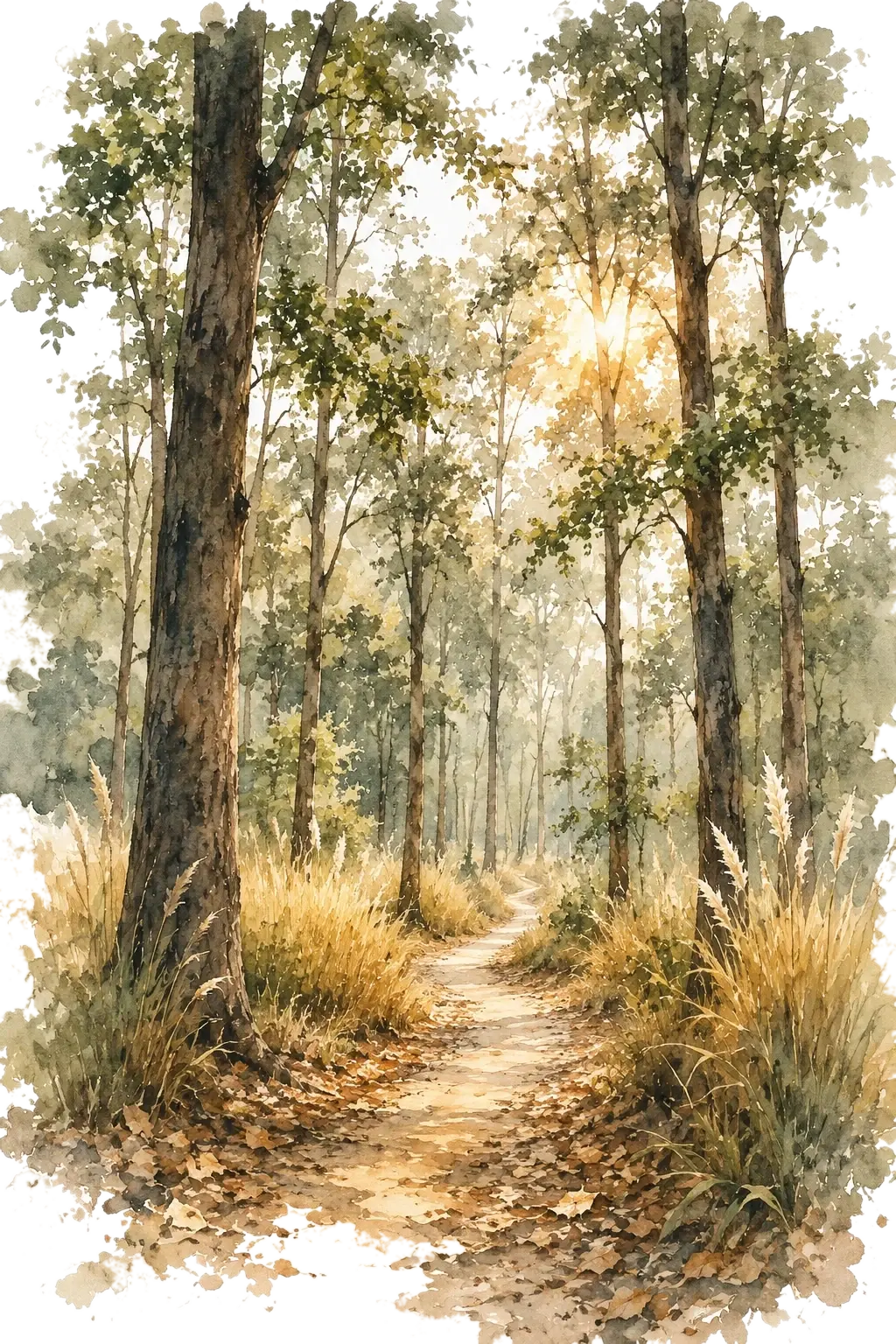 A watercolour of a sunlit path through a Terai sal forest