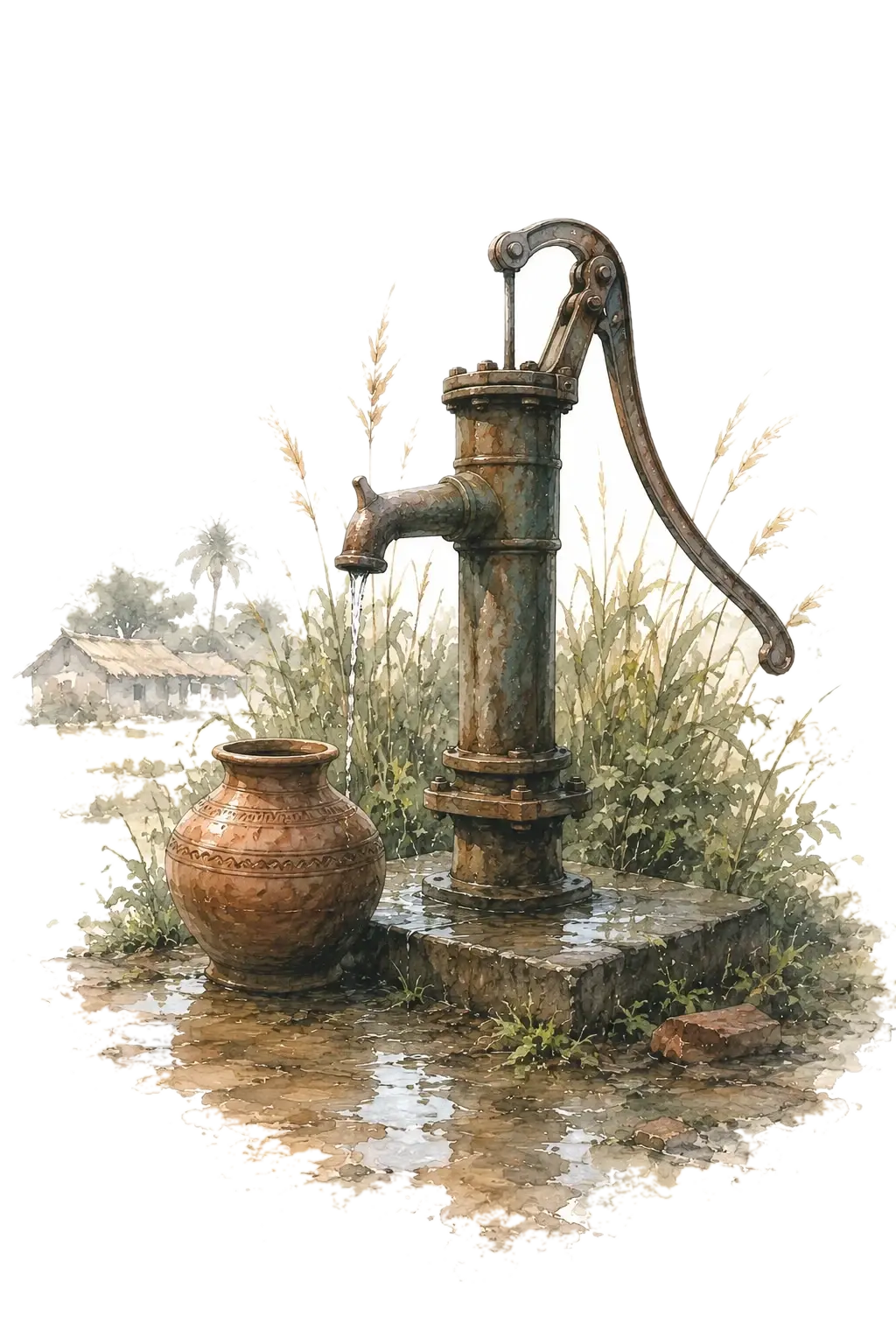 A watercolour of a village hand-pump and clay water pot on the Terai plains